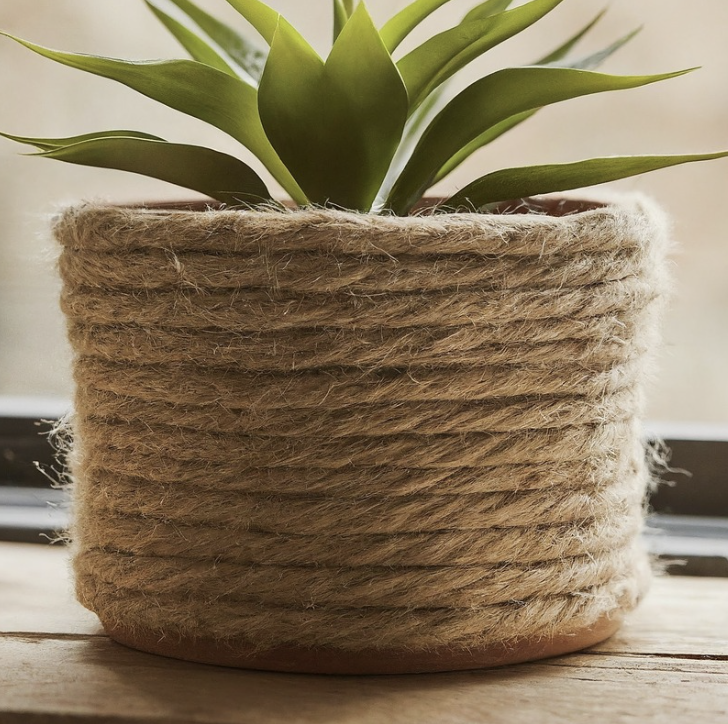 Doniczka owinięta naturalną liną jutową, stojąca na parapecie w rustykalnym wnętrzu