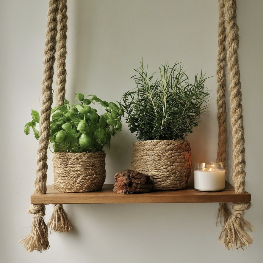 Drewniana półka wisząca na grubych linach jutowych, z ziołami i dekoracjami