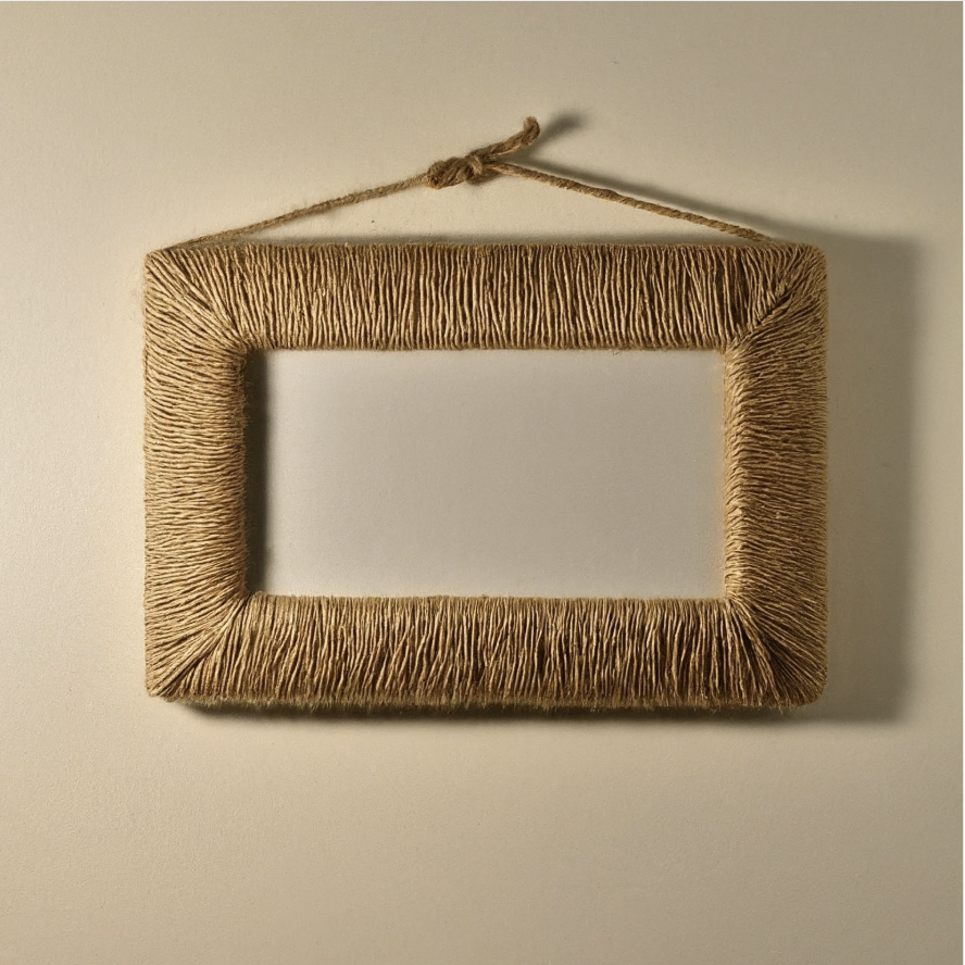 Drewniana ramka na zdjęcia owinięta liną jutową, wisząca na ścianie