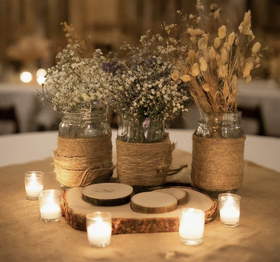 Rustykalne dekoracje ślubne z liną jutową i suszonymi kwiatami