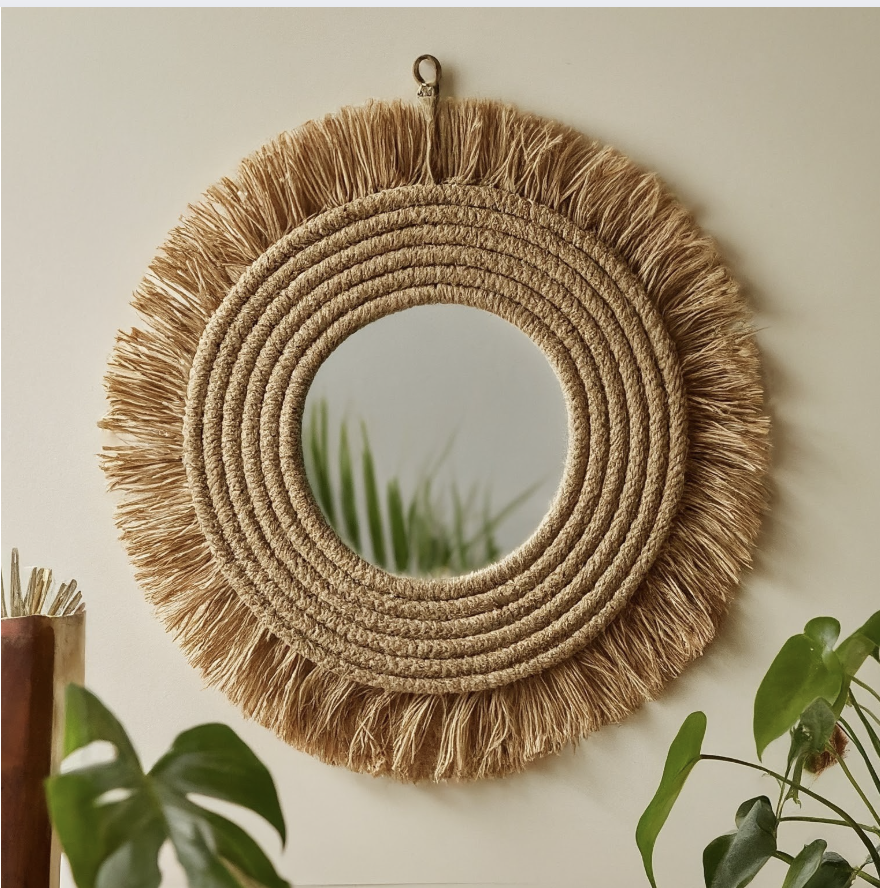 Okrągłe lustro z ramką ozdobioną liną jutową w stylu boho