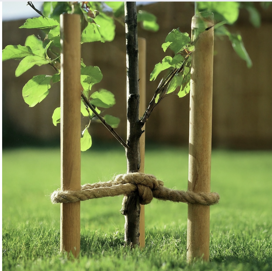 Młode drzewko w ogrodzie zabezpieczone grubą liną jutową